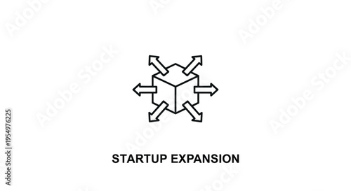 Startup Expansion Concept Icon, Business Growth Strategy Symbol, Outline Cube with Arrows on Isolated White Background