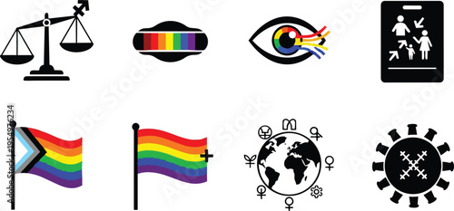 Vector art progressive pride icon set close up symbols arranged in grid for a coloring book line art simple bold outlines single page printable designs monochrome