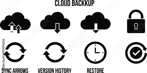 Minimalist vector cloud backup icon set showing upload download sync lock restore symbols in bold outlines arranged in row for a coloring book close up simple