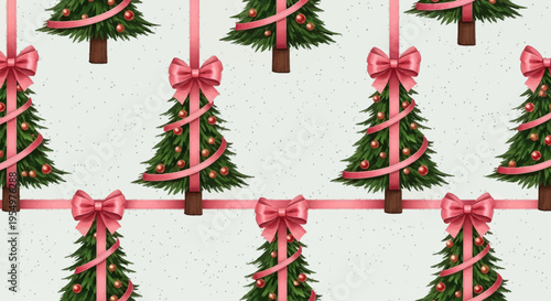 Festive Seamless Christmas Pattern with Decorated Evergreen Trees and Pink Ribbons on a Textured Light Background
