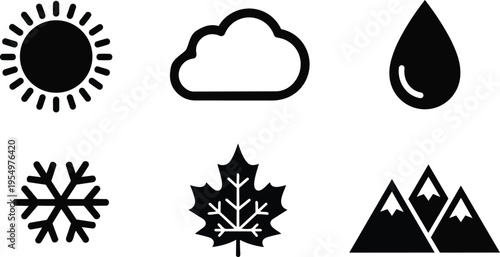 Vector icon set sun cloud rain drop snow flake leaf mountain with bold outlines simple clear line art arranged in six panels black white for a coloring book