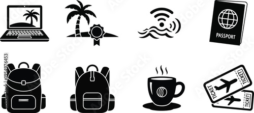 Flat travel icon set for coloring book showing passport and plane tickets backpack laptop palm tree coffee cup wifi signal and beach medal front view outlines