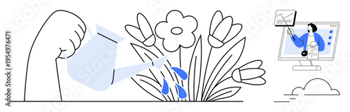 Growth and development ed through watering flowers and an online presentation. Growth in education, business, eco-friendly practices, creativity, and innovation