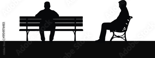 Silhouettes of two men sitting on public park benches from the back and side views