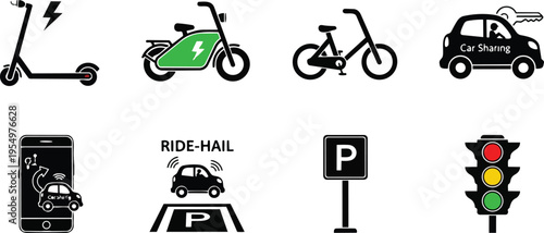 Minimalist vector icon set showing shared transport scooter electric motorcycle bicycle compact car mobile app parking sign traffic light for a coloring book simple