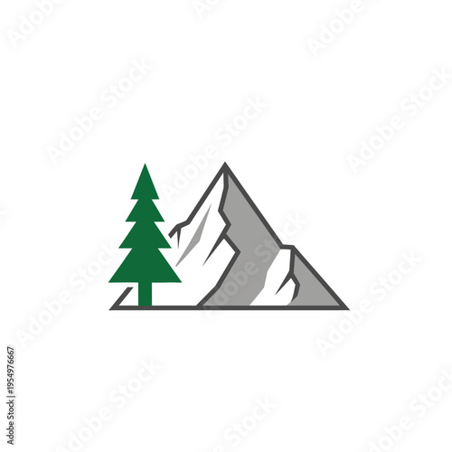 A green pine tree beside mountains.