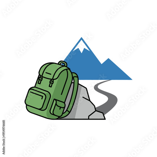 Hiking backpack on mountain trail icon.