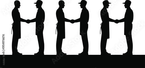 Solid black silhouettes of three sets of men wearing aprons and caps shaking hands