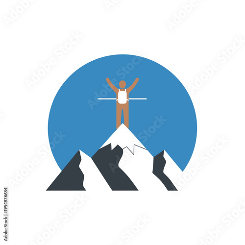 Man on mountain peak with skis.