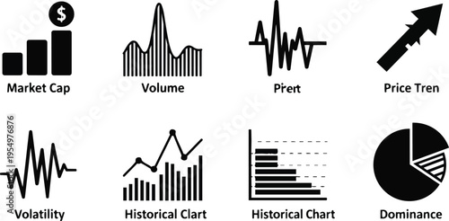 Flat icon set for coloring book showing cryptocurrency finance icons in simple line art close up top view with labeled charts and arrows playful educational outline