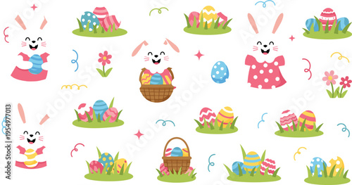 Cute Easter bunny collection with eggs, baskets, flowers and spring elements playful cartoon animal vector illustration set for holiday design