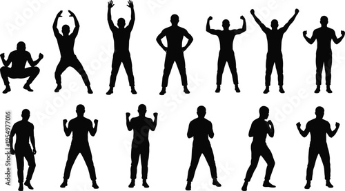 Dynamic collection of human silhouette poses showing expressive movement fitness exercise dance and body gestures perfect for animation character design physical activity and visual arts projects