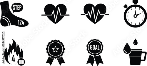 Vector icon sheet for coloring book fitness health heart pulse stopwatch flame water cup step counter medals goal ribbon activity tracker simple line art outline black
