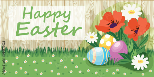 A Happy Easter background with Easter eggs in the grass and a light wooden fence. Seamless horizontal pattern.