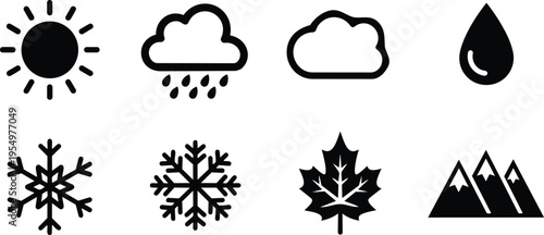 Vector art simple weather icon set with sun cloud rain snow leaf and mountain outlines for kids coloring book page close up flat line style illustration