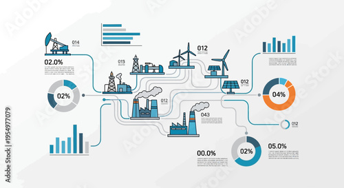 Infographic illustrating energy production, distribution, and consumption with various sources and industrial facilities.