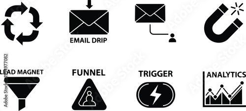 Minimalist vector icon sheet close up marketing funnel lead magnet email drip analytics magnet trigger set for a coloring book simple line art