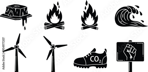 Vector art coloring book page melting ice cube dripping campfire flames ocean wave wind turbines sneaker labeled co two and protest sign powerful fist bold outline