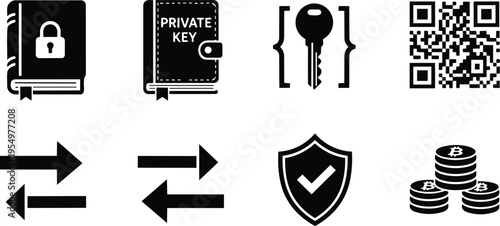 Minimalist vector icon set close up crypto security icons style including padlock private key symbol bracket qr code exchange arrows shield coins for a coloring book