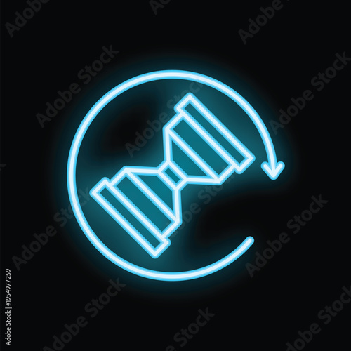 Bright neon blue hourglass with circular arrow rotating, symbolizing time passing quickly on a black background