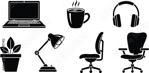 Minimalist vector icons set for coloring book office workspace laptop coffee cup headphones potted plant desk lamp ergonomic chair side view line art illustration close up