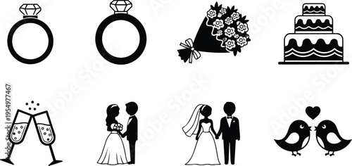 Minimalist wedding icon set for coloring book with close up bride and groom holding hands engagement rings cake bouquet and kissing birds line art simple outlines