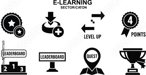 Vector art achievement icons set for coloring book simple bold outlines trophies medals leaderboard points quest level up design black white flat minimal line style clear