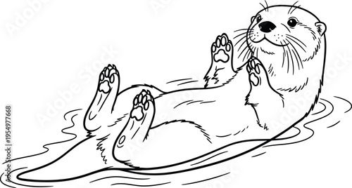 A delightful cartoon otter with adorable paws and a sweet smile happily floats on its back in calm, light blue water, illustrating a peaceful and charming aquatic mammal.