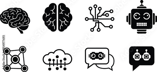 Vector art simple brain and robot icons front view for a coloring book playful educational technology themed page with bold outlines for tracing single line designs