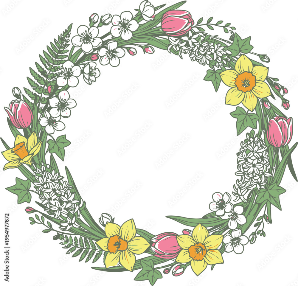 Fototapeta premium A vibrant hand-drawn spring floral wreath featuring delicate cherry blossoms, cheerful daffodils, elegant pink tulips, and fragrant purple hyacinths, all intertwined with lush green ferns and ivy.