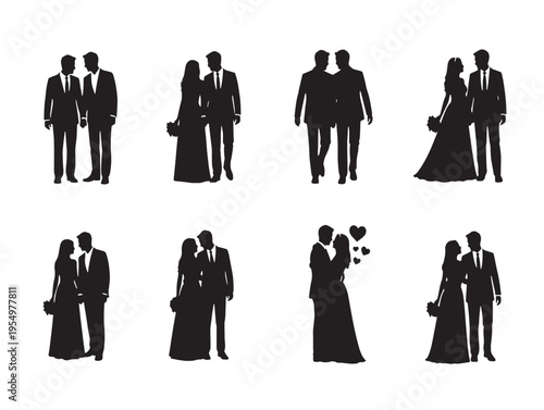 Silhouettes of wedding couples and groups