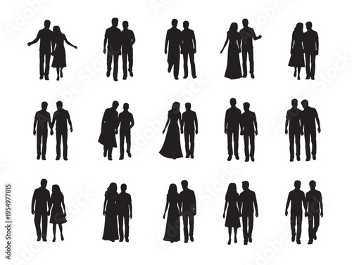 A collection of black silhouette people in various poses and groups
