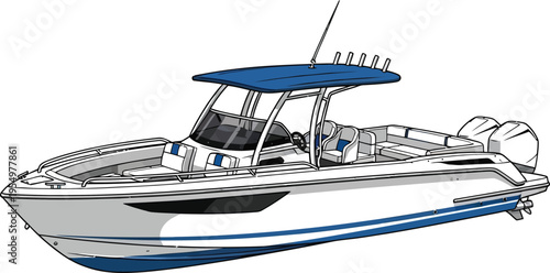 Modern luxury center console speed boat illustration with twin outboard engines blue canopy and plush seating depicted in a clean graphic style with bold blue accents and a white