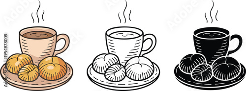 Coffee with pastry silhouette & Outline and illustration set isolated on transparent background