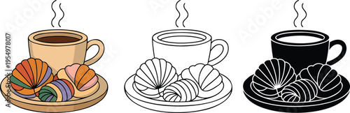 Coffee with pastry silhouette & Outline and illustration set isolated on transparent background