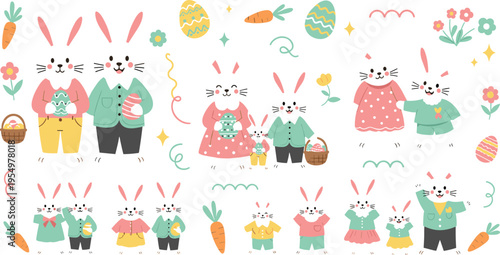 Cute easter bunny family vector set with rabbits eggs baskets carrots flowers and spring holiday cartoon characters illustration