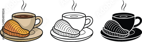 Coffee with pastry silhouette & Outline and illustration set isolated on transparent background