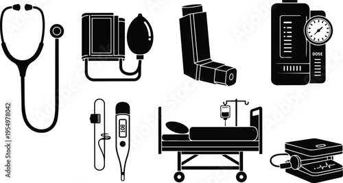 Vector medical equipment line art set close up stethoscope blood pressure cuff inhaler syringe hospital bed thermometers defibrillator for a coloring book iv pole oxygen mask