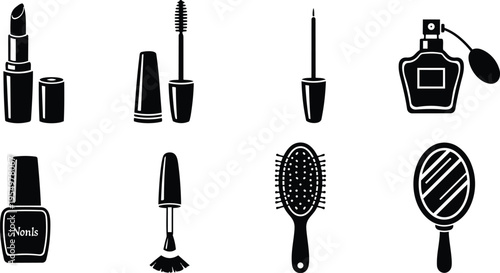 Minimalist vector coloring book page beauty icons close up lipstick mascara eyeliner perfume nail polish powder brush hair brush hand mirror outline set black line art