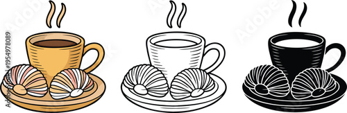 Coffee with pastry silhouette & Outline and illustration set isolated on transparent background