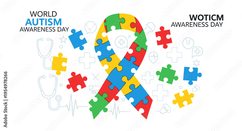 Fototapeta premium Autism awareness day ribbon symbol with puzzle pieces and stethoscope graphics