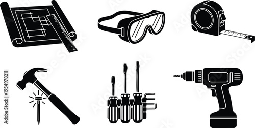 Black tool icons set for coloring book blueprint goggles tape measure hammer nail screwdriver drill layout close up flat design educational page vector outline simple stencil