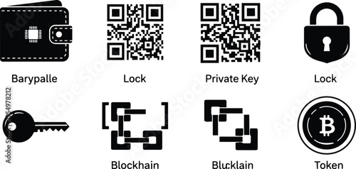 Flat design crypto icons set for a coloring book featuring wallet qr code padlock key blockchain token arranged in neat grid black outline style simple bold