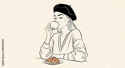 Minimalist Line Art Illustration of a French Woman in Beret Drinking Coffee with Croissant