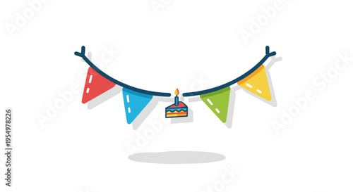 Festive bunting flags and birthday cake slice decoration for celebrations