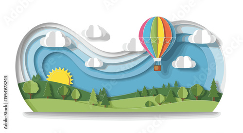 Colorful hot air balloon floating over a stylized landscape with sun and clouds