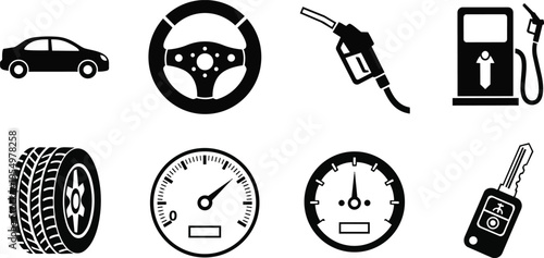 Vector icons car parts set for coloring book showing steering wheel tire speedometer fuel pump gas nozzle car key side view car silhouette simple line art