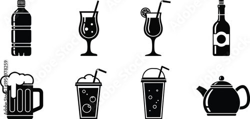 Vector art beverage icons coloring book page close up eight drink silhouettes bottle glass mug teapot cup cocktail with straw side view simple bold outlines minimal