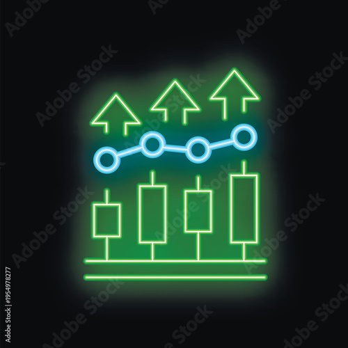 Neon style icon of forex trading chart showing bullish trend with growing up arrows