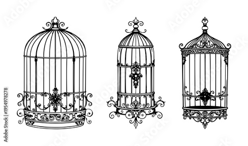 Birdcage set with ornate Victorian line art featuring birdcage, decorative latch, floral flourishes with black ink and white background